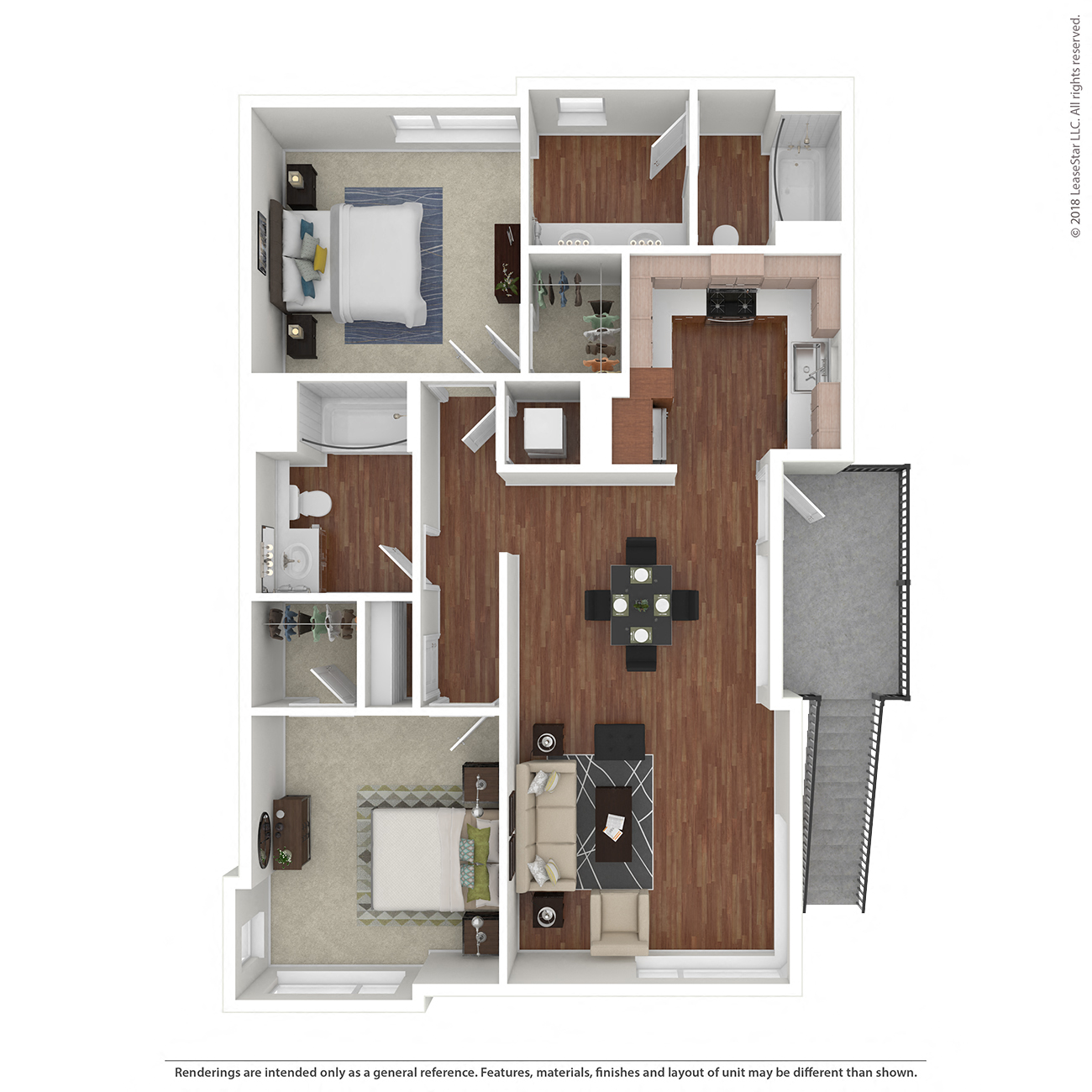 Floor plan for 2 beds, 2 baths, 952 sqft